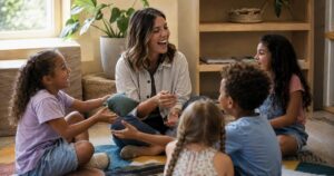 Teacher and four first graders laughing during back to school activities on a classroom rug