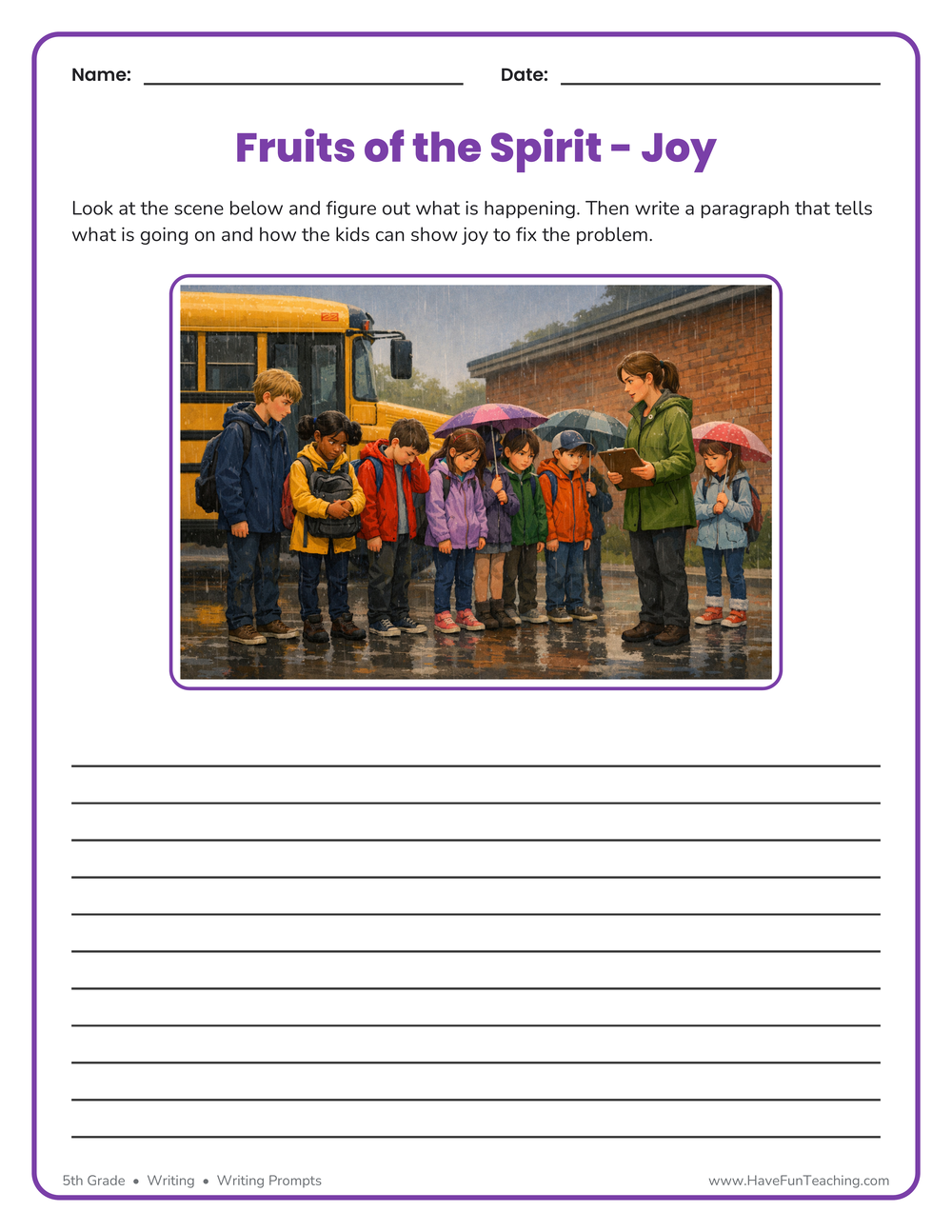 5th Grade fruits of the spirit writing prompt worksheet about joy