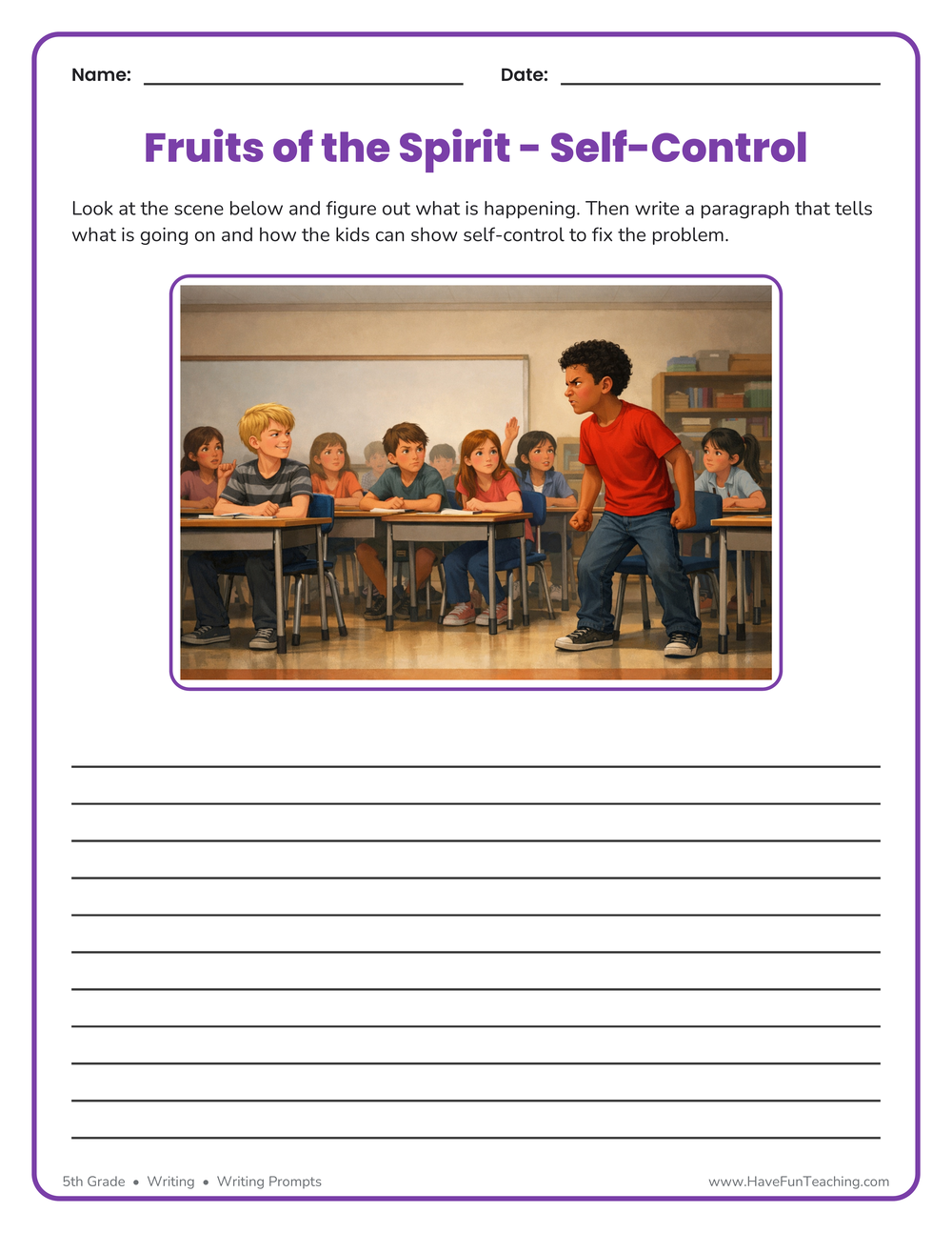 5th Grade fruits of the spirit writing prompt worksheet about self-control