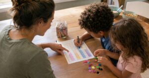 A parent and two children filling in a printed bar graph worksheet at a sunny kitchen table