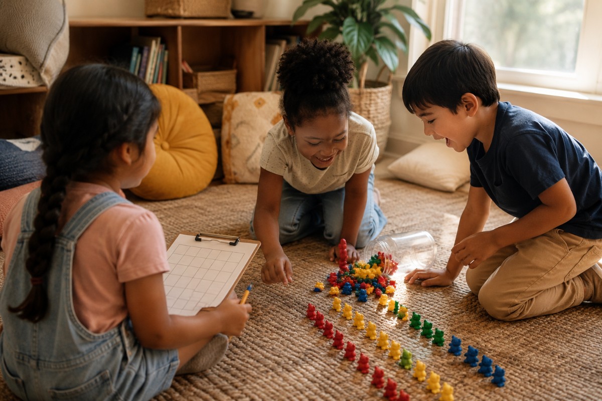 Children sorting counting bears into rows on a rug before using graphing worksheets