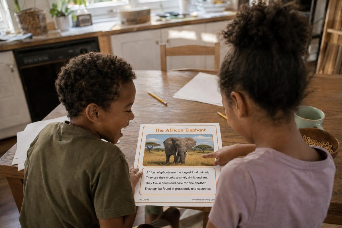 Two siblings reading a new African Elephant worksheet at a sunny kitchen table