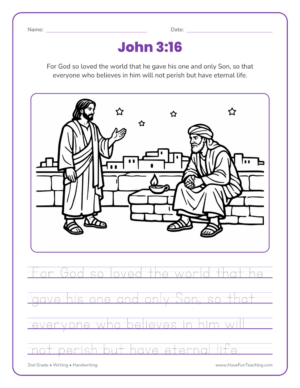 2nd Grade scripture handwriting worksheet with a Bible verse to trace and a picture to color