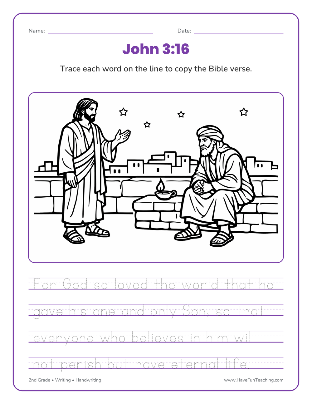2nd Grade scripture handwriting worksheet with a Bible verse to trace and a picture to color