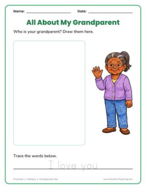 Preschool grandparents day worksheet with a drawing space and traced words