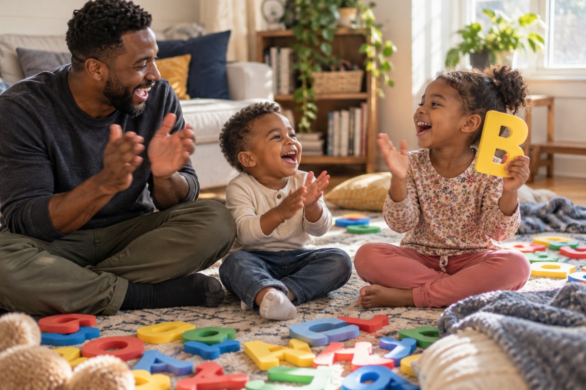 Dad and two young children clapping and singing on a rug covered in foam alphabet letters