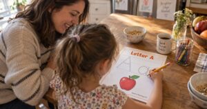 Kindergartner working through alphabet worksheets at a sunny kitchen table with her mom