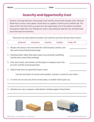 6th Grade scarcity and opportunity cost worksheet about diesel fuel and trade-offs