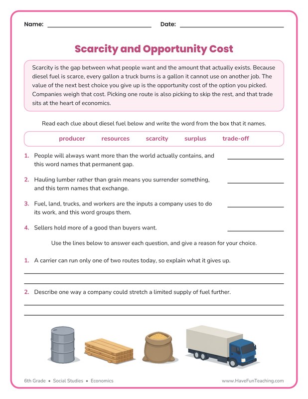 6th Grade scarcity and opportunity cost worksheet about diesel fuel and trade-offs