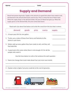 4th Grade supply and demand worksheet using diesel fuel and delivery trucks