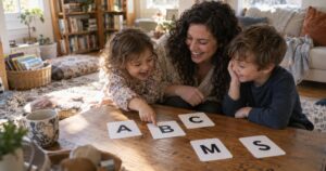 A mom and two young children laughing over alphabet letter cards on a living room table
