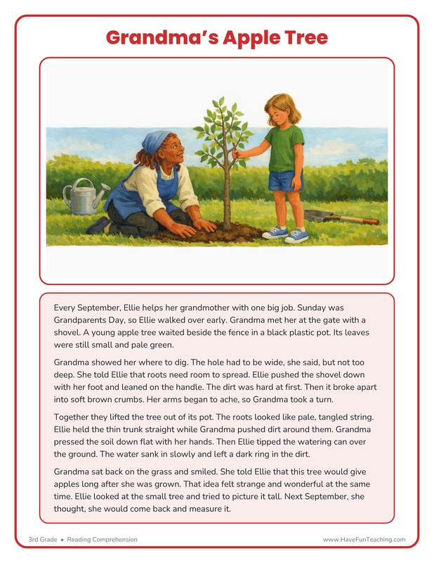 Grandma’s Apple Tree Reading Comprehension Worksheet