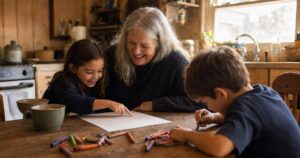 Grandmother laughing with two grandchildren doing Grandparents Day activities at a sunny kitchen table