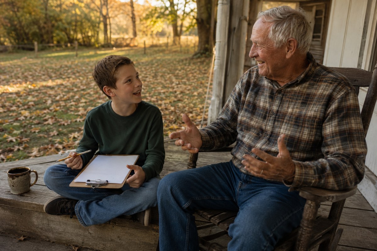 Boy with a clipboard doing Grandparents Day activities by interviewing his grandfather on a back porch