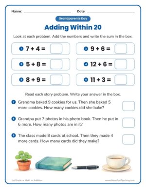 1st Grade Grandparents Day addition worksheet with sums within 20