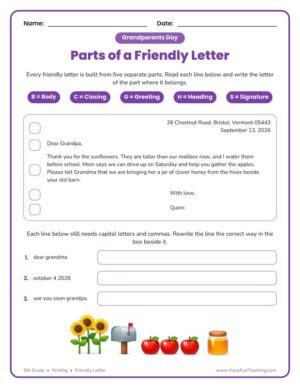 5th Grade friendly letter worksheet labeling the five parts of a letter