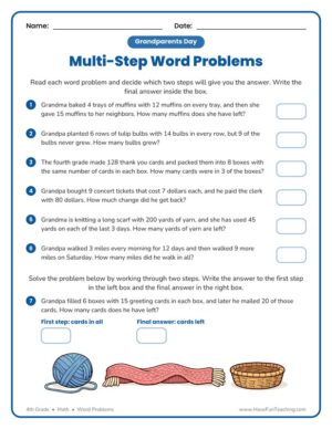 4th Grade Grandparents Day multi-step word problems worksheet