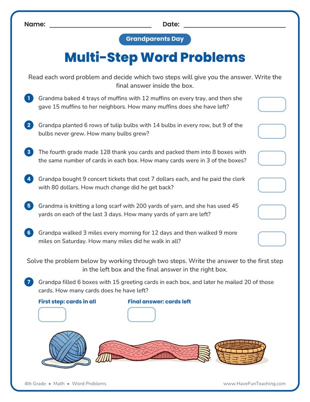 Grandparents Day Word Problems Worksheet