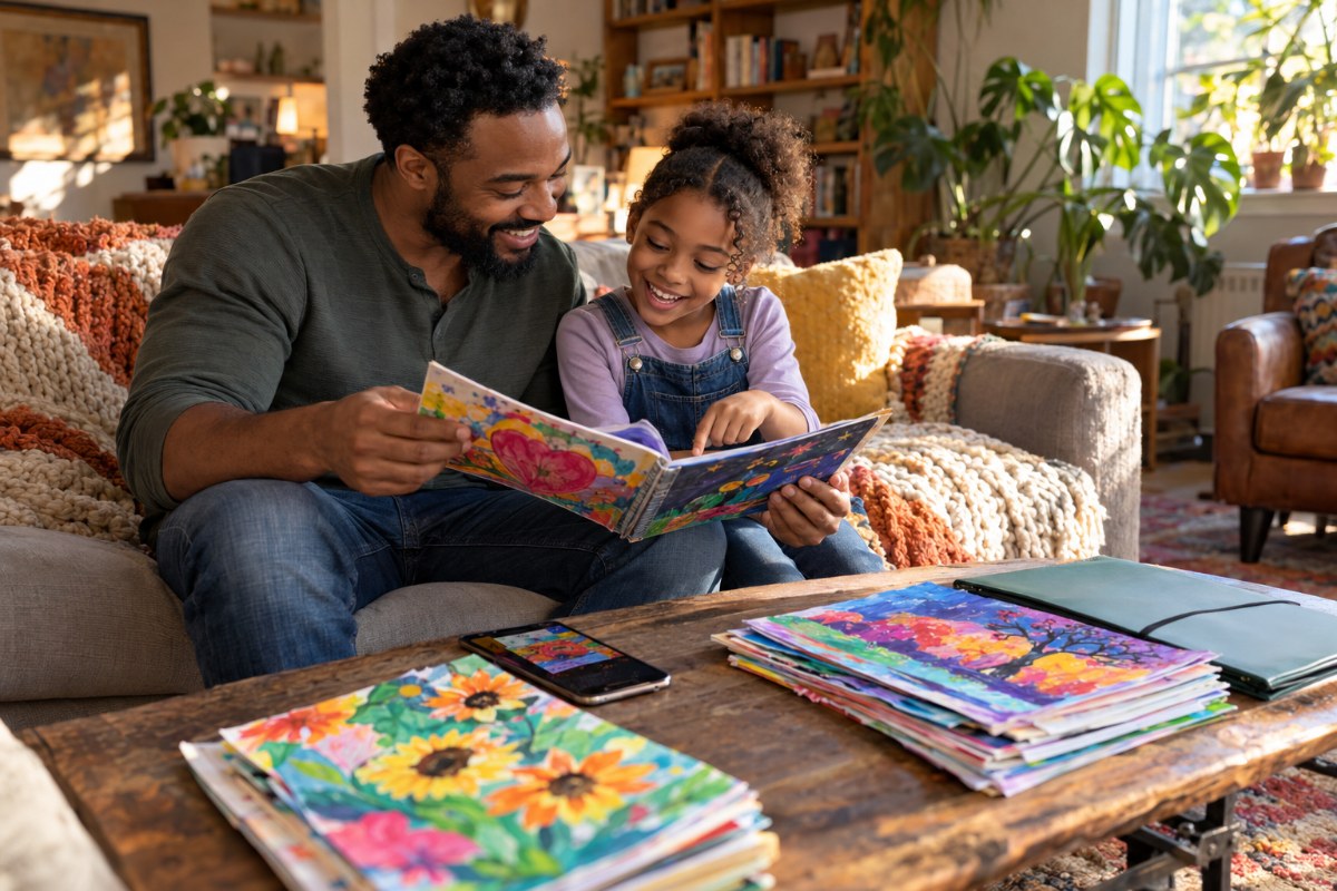 Dad and daughter smiling as they flip through an album of her favorite artwork on the living room couch