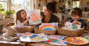 Mom and two kids sorting colorful artwork into baskets at the kitchen table to tame homeschool paper clutter