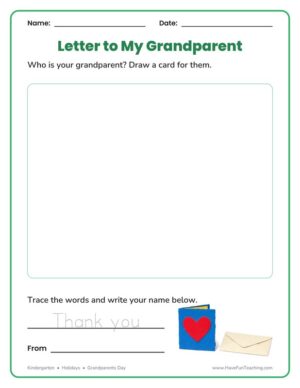 Kindergarten grandparents day writing worksheet with a card drawing space and traced words