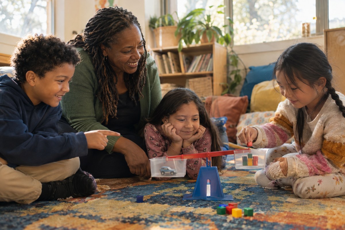 Teacher and students doing metric system activities with a pan balance scale on a classroom rug