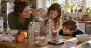 Mom and two kids pouring water into a liter bottle during a kitchen metric measuring activity
