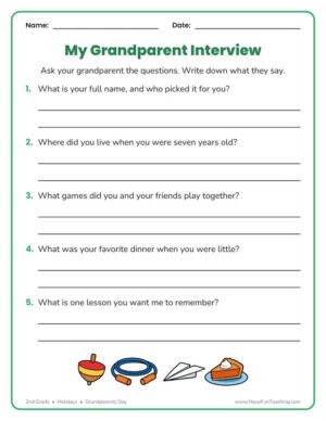 2nd Grade Grandparents Day grandparent interview worksheet with writing lines