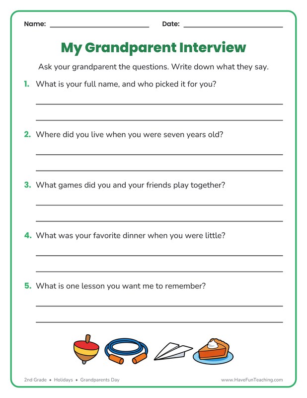 2nd Grade Grandparents Day grandparent interview worksheet with writing lines