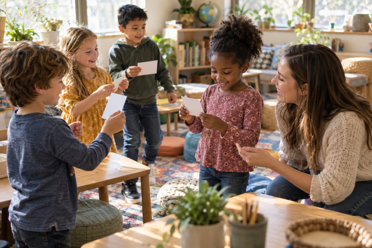 Elementary students out of their seats playing a classroom review game with answer cards
