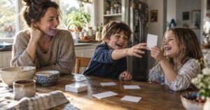 A mom and two kids using review game ideas with cards at a sunny kitchen table