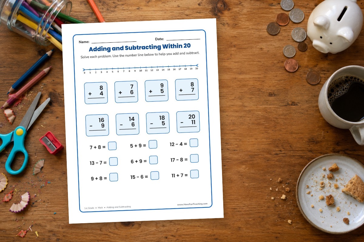 Printable Adding and Subtracting Within 20 worksheet from Have Fun Teaching on a kitchen table, one way to save money on teaching resources