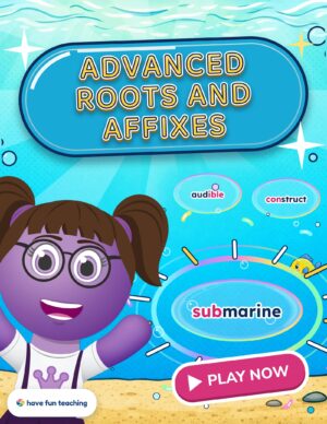 Advanced Roots and Affixes Game: a fifth grade vocabulary game where Lexy cheers as a bubble with the word submarine pops on a coral reef