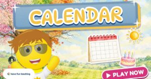 Calendar Game for kids with Sunny the Funzy, a calendar, a sun and a birthday cake