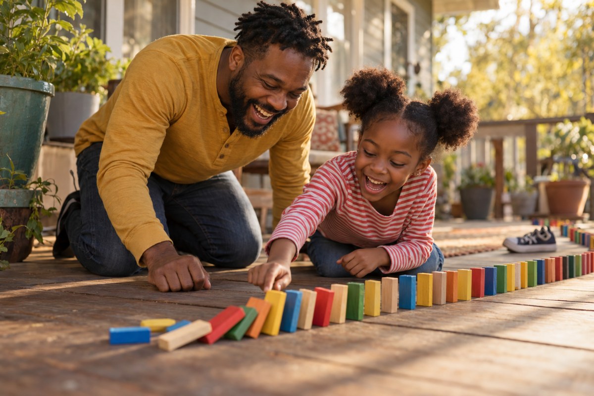 Dad and daughter laughing as a line of dominoes falls on a back porch, a hands-on cause and effect lesson