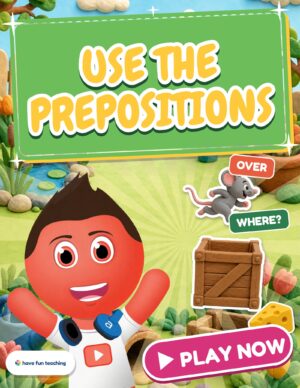 Use the Prepositions Game cover with Alphy the Funzy, a clay mouse jumping over a crate and a wedge of cheese