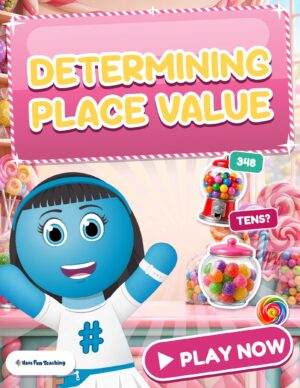 Determining Place Value Game cover with Penny the Funzy, a gumball machine and a jar of gumdrops