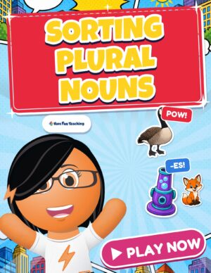 Sorting Plural Nouns Game cover with Roxy the Funzy, a goose, a fox and a bubble blaster