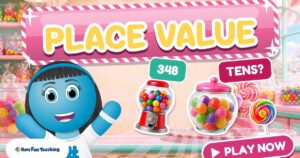 Determining Place Value Game for kids with Penny the Funzy, a gumball machine and gumdrops