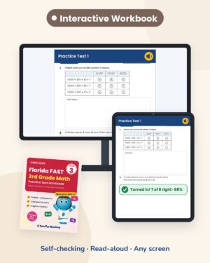 Florida FAST 3rd grade math Interactive Workbook on a board and tablet