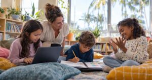 Teacher and three 3rd graders doing FAST 3rd grade math test prep on cushions by sunny Florida windows