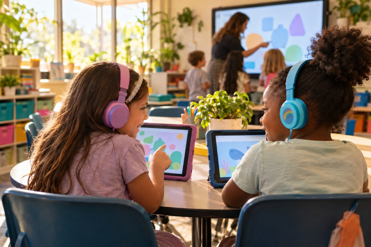 Two 3rd graders with headphones working on tablets during FAST 3rd grade math test prep while a teacher helps a group