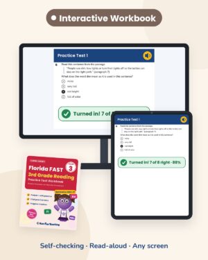 Florida FAST 3rd grade reading Interactive Workbook on a board and tablet