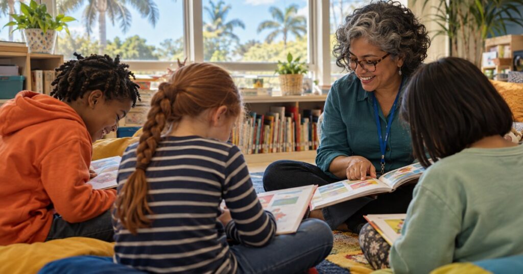 Teacher reading a FAST 3rd grade reading test prep workbook with three 3rd graders on floor cushions in a sunny Florida classroom