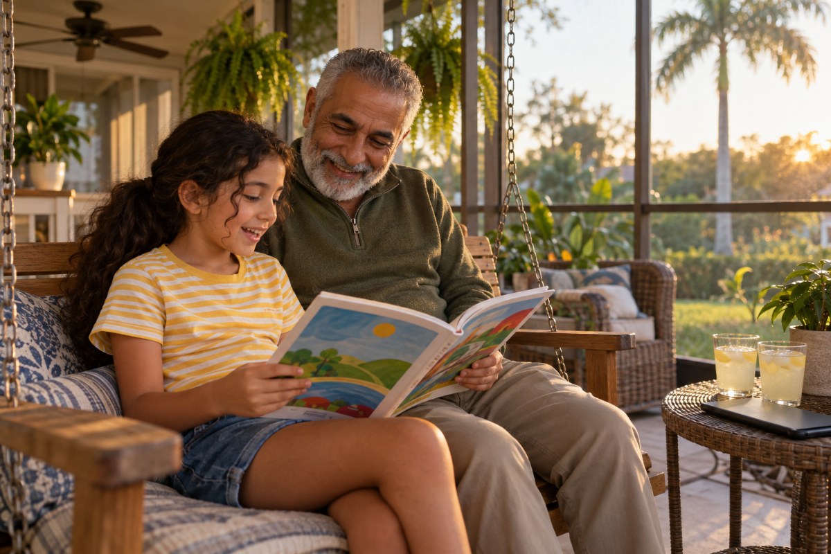 Grandfather and his 3rd grade granddaughter reading a passage together on a sunny Florida porch during FAST reading test prep at home