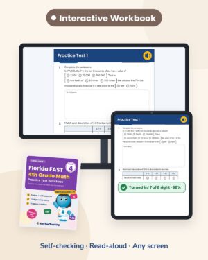 Florida FAST 4th grade math Interactive Workbook on a board and tablet