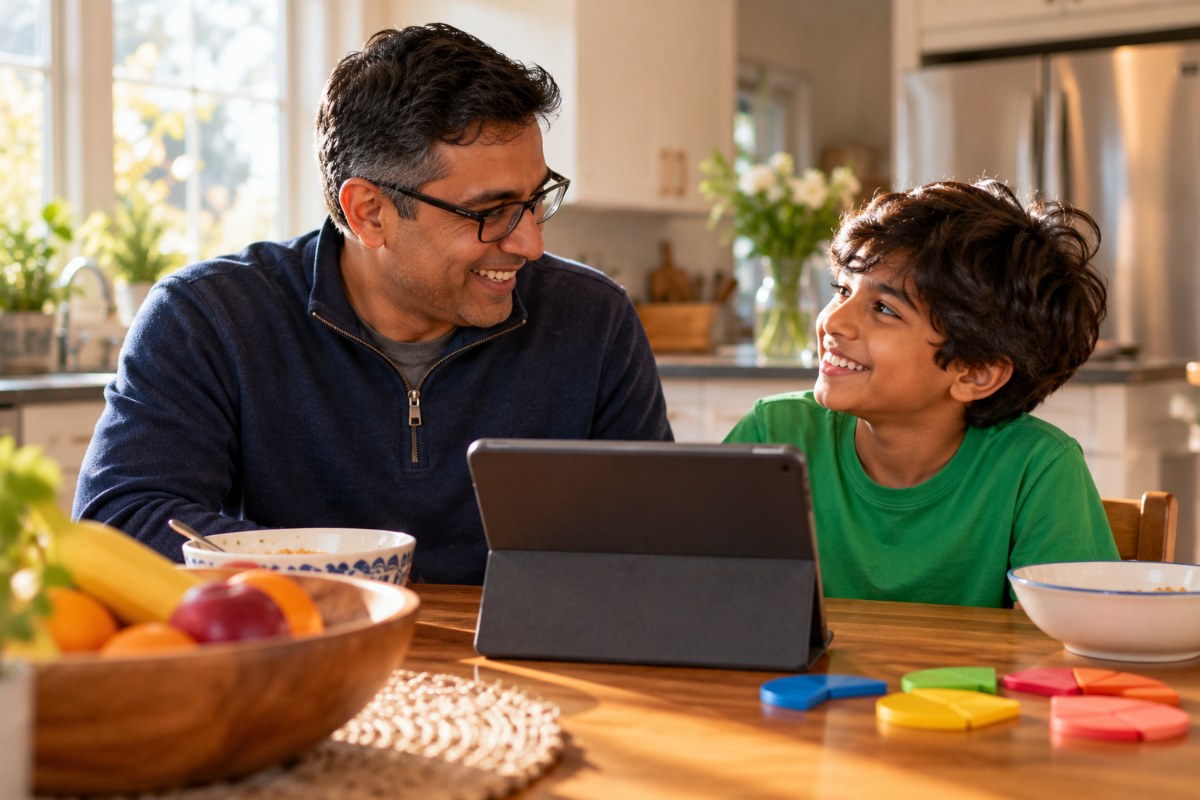 Dad and 4th grade son smiling at each other beside a tablet and fraction circles during FAST 4th grade math test prep at home