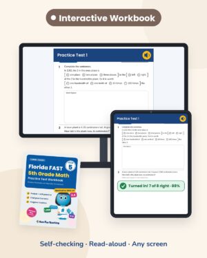 Florida FAST 5th grade math Interactive Workbook on a board and tablet
