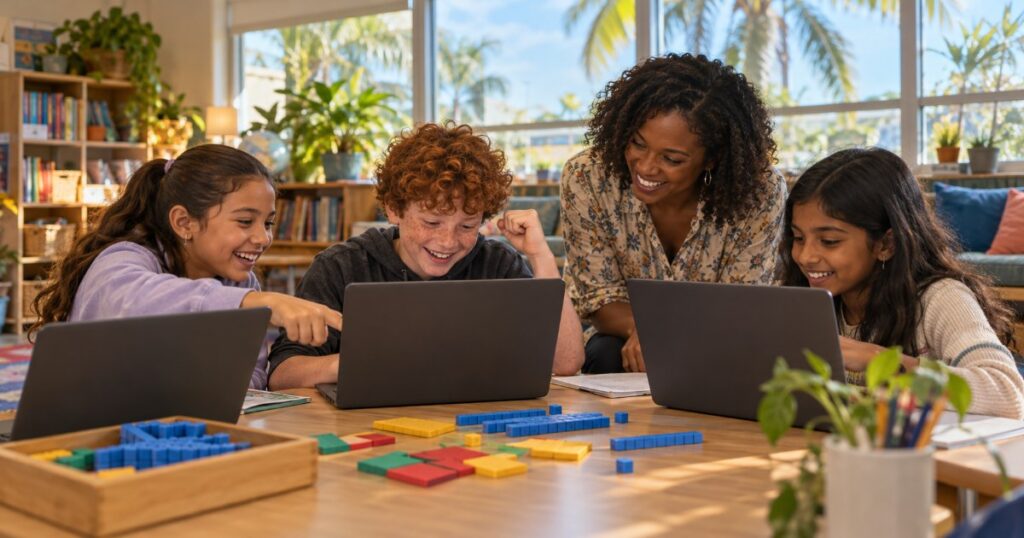 Teacher and three 5th graders laughing at Chromebooks during FAST 5th grade math test prep in a sunny Florida classroom