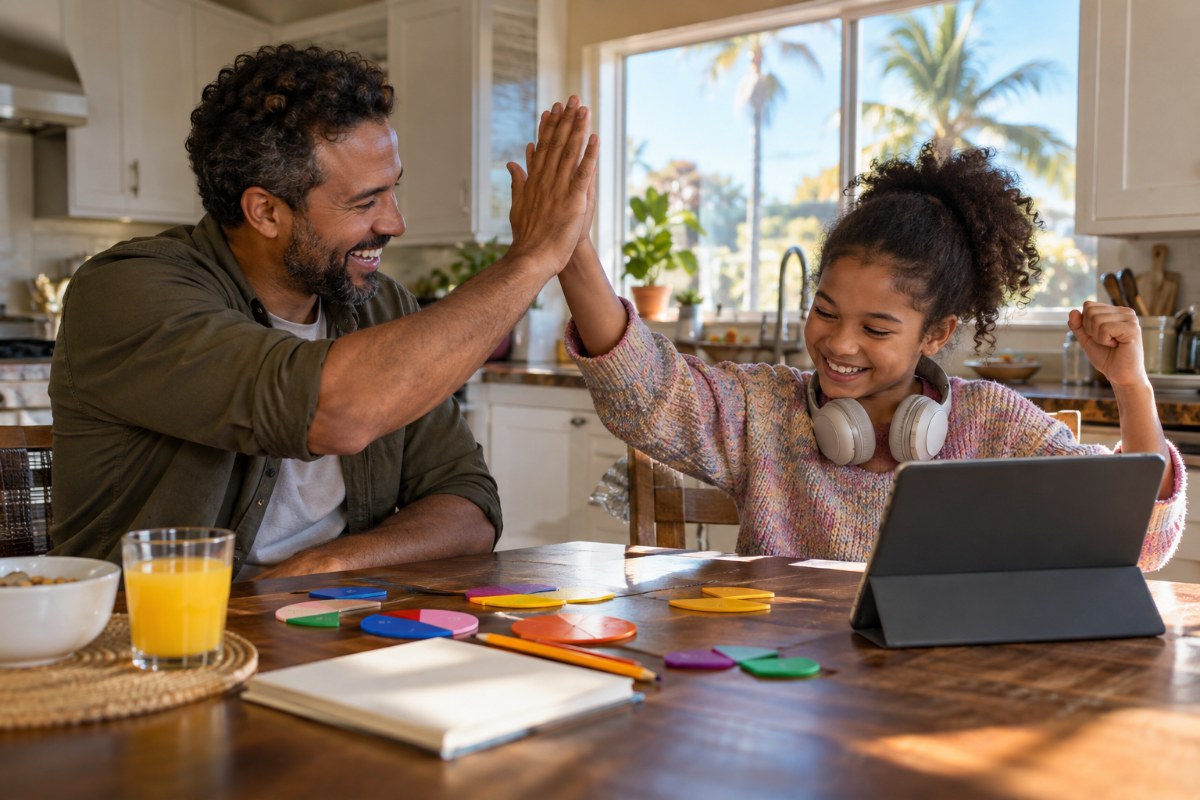 Dad and 5th grade daughter high-fiving at a kitchen table with fraction circles and a tablet during FAST math test prep at home
